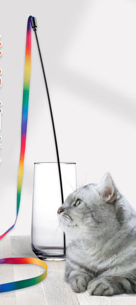 Rotaļlieta kaķim ar garu lentu tipa makšķeri