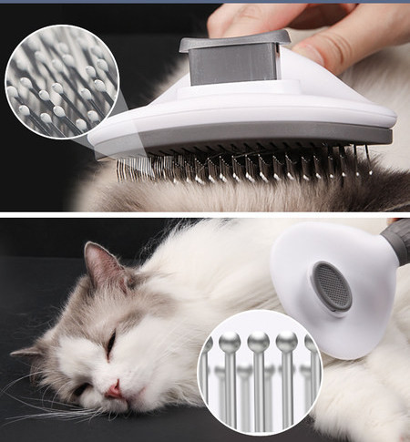 Kasside kammimise pintsel, millel on nööp karvade eemaldamiseks