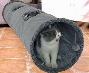 Тунел за котки в два цвята с висяща играчка