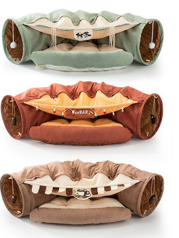 Tunel pliabil pentru pisici cu pat și pandantiv