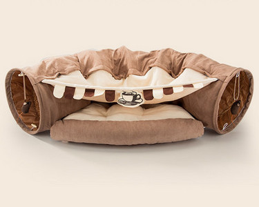 Tunel pliabil pentru pisici cu pat și pandantiv