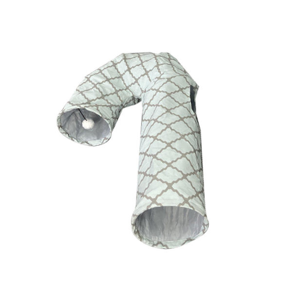 Tunel pentru pisici in doua culori cu o jucarie agatata