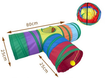 Цветен тунел с три изхода и висяща играчка за котки