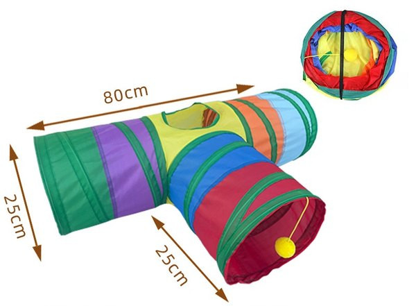 Värviline tunnel kolme väljapääsu ja rippuva mänguasjaga kassidele