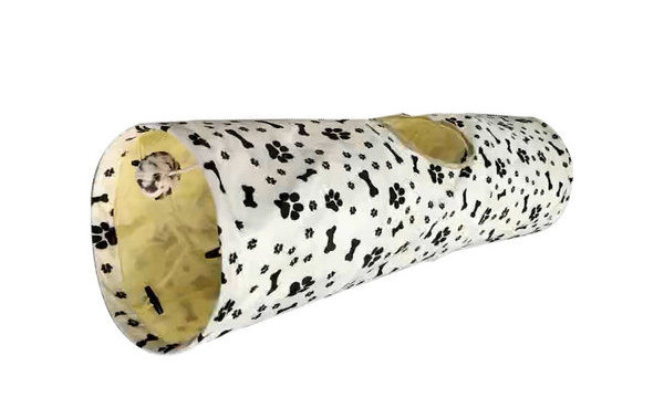 Tunel de pluș pentru pisici cu o jucărie agățată