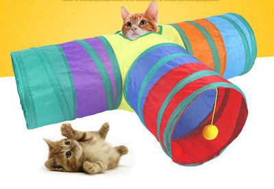 Multicolored tunnel for cats with three exits and a pendant