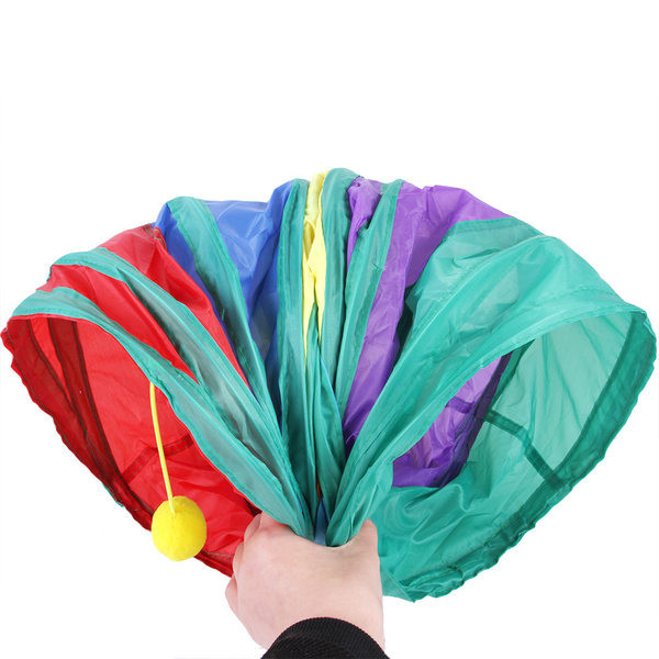 Įvairiaspalvis tunelis katėms su trimis išėjimais ir pakabuku