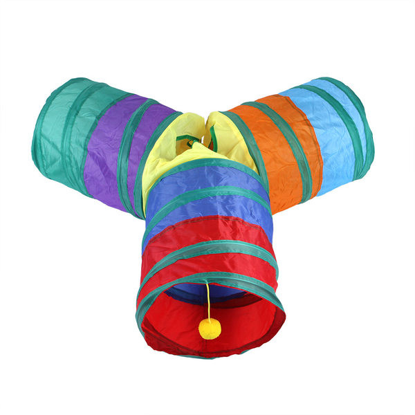 Įvairiaspalvis tunelis katėms su trimis išėjimais ir pakabuku