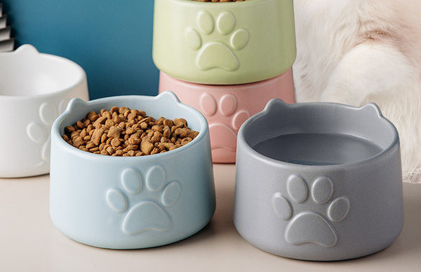 Mitmes värvitoonis keraamiline kauss, mis sobib lemmikloomatoiduks