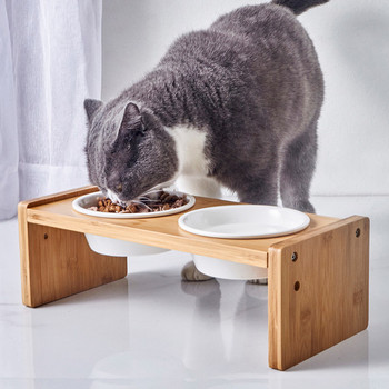 Котешка купа за храна с дървена стойка 
