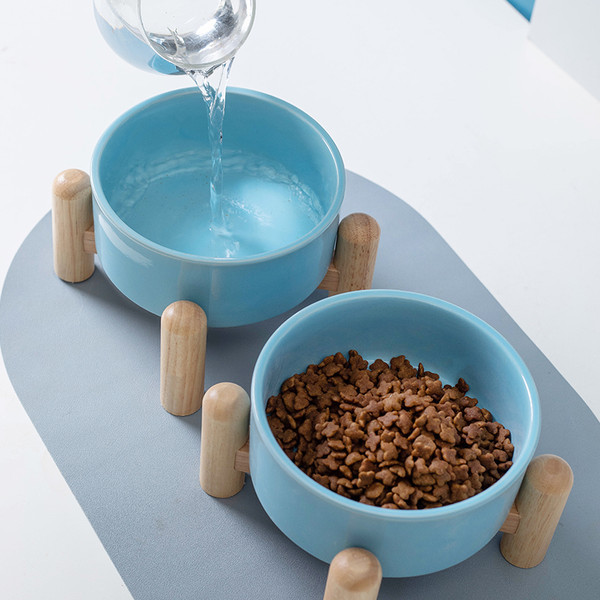 Keraamiline kauss koos alusega kassitoidu jaoks