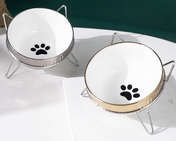 Suport metalic cu bol ceramic pentru hrana pisicilor