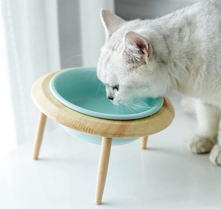 Μπολ φαγητού ή νερού με ξύλινη βάση για γάτες