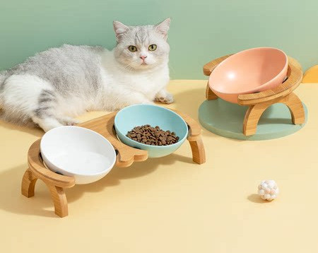 Bol din ceramica cu suport din lemn pentru mancarea pisicilor