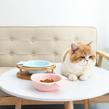 Керамична купа за храна на котки с дървена стойка