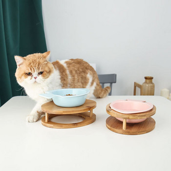 Керамична купа за храна на котки с дървена стойка