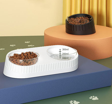 Bol de sticla pentru mancare pentru pisici cu baza din plastic