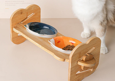Wooden stand with ceramic food bowls