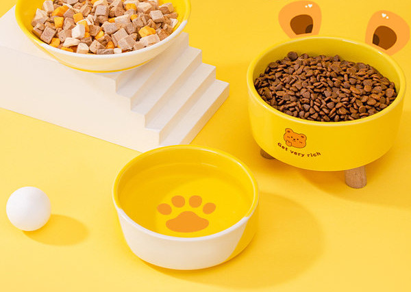 Bol din ceramică pentru hrana pisicilor de culoare galbenă