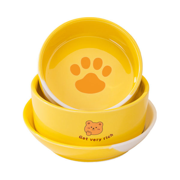 Bol din ceramică pentru hrana pisicilor de culoare galbenă