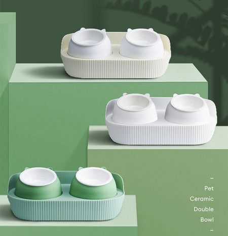 Bol ceramic dublu pentru mancare pentru pisici - cu sau fara dozator de apa