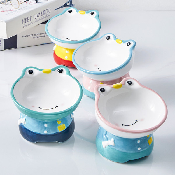 Bol ceramic pe suport pentru hrana pisicilor in forma de broasca