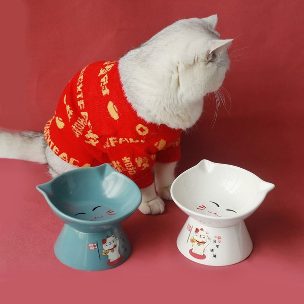 Керамична купа за храна на котки в бял,розов и син цвят