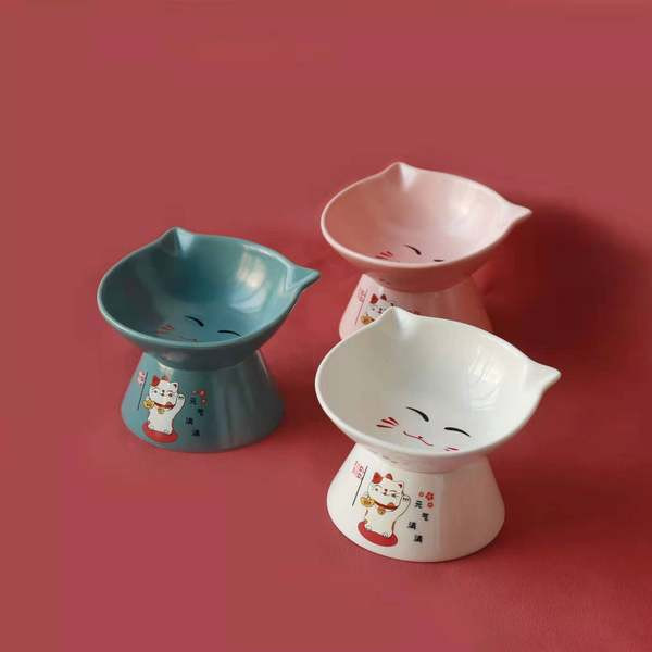 Керамична купа за храна на котки в бял,розов и син цвят