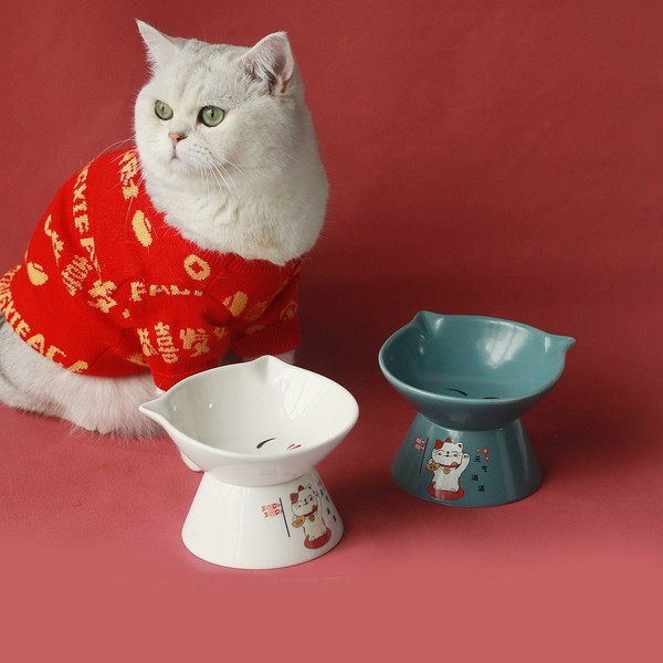 Керамична купа за храна на котки в бял,розов и син цвят