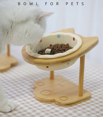 Ξύλινη βάση με κεραμικό μπολ για γάτες