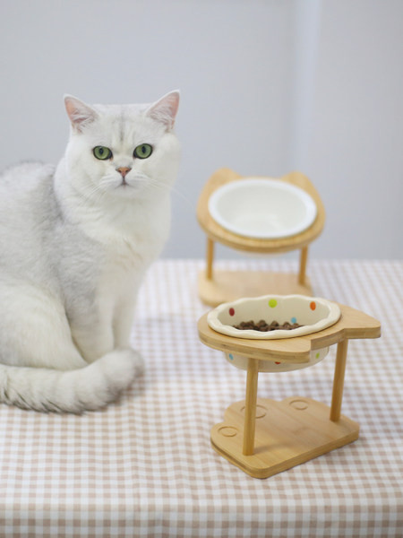 Suport din lemn cu bol ceramic pentru pisici