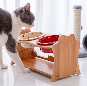Керамична купа за котки с дървена стойка или без