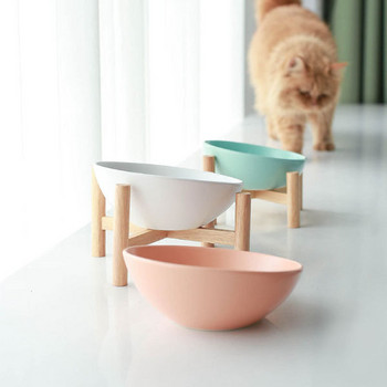 Кръгла керамична купа с дървена стойка за храна на котки