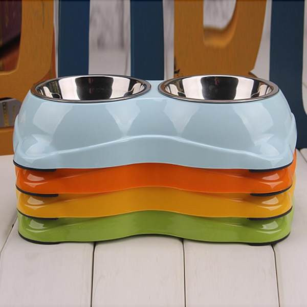 Suport dublu cu boluri metalice pentru hrana si apa pentru pisici