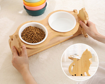 Μπολ φαγητού με ξύλινη βάση σε διαφορετικά μοντέλα για γάτες