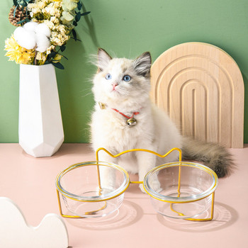 Двойна стойка със стъклени купи за храна на котки