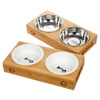 Cat bowl double bowl ceramic stainless steel stabilized neck food bowl anti-overturned food cat rice bowl cat supplies cat