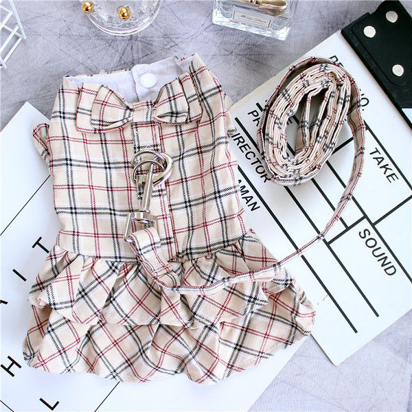 Rochie de câine în carouri cu inele metalice pentru lesă