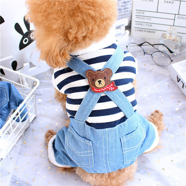 Salopetă pentru un câine cu o bluză în dungi