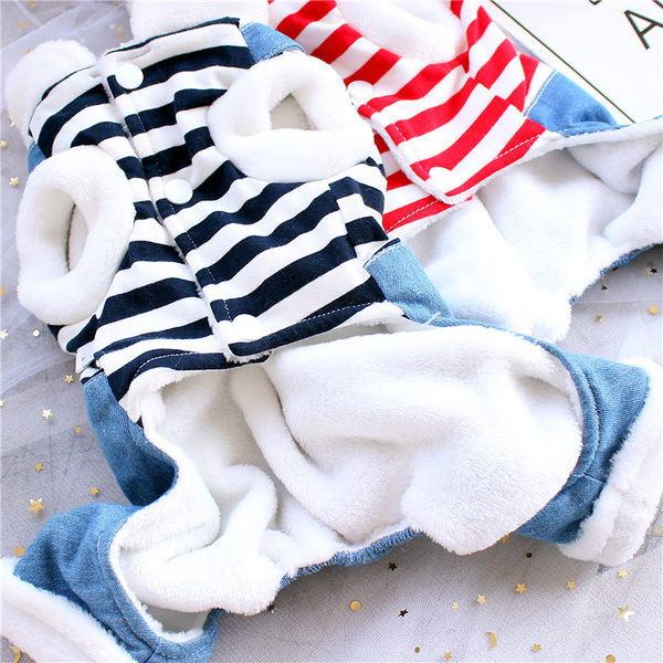 Salopetă pentru un câine cu o bluză în dungi