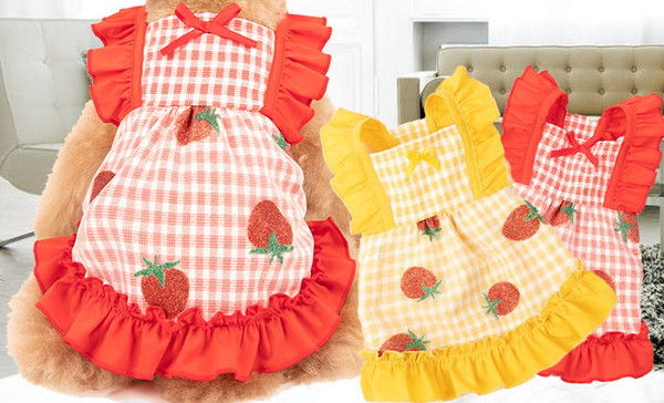 Karirana haljina za pse s aplikacijom u obliku jagode