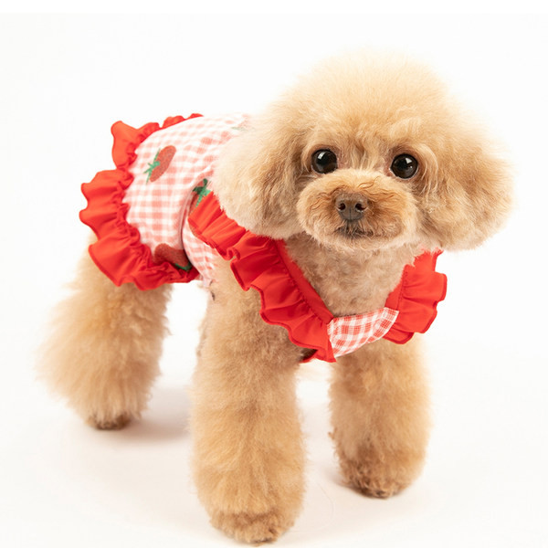 Karirana haljina za pse s aplikacijom u obliku jagode