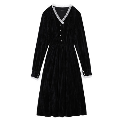 Rochie de dama din catifea cu nasturi si decolteu spitz