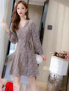 Lilleline naiste vabaaja kleit spitsikaelusega