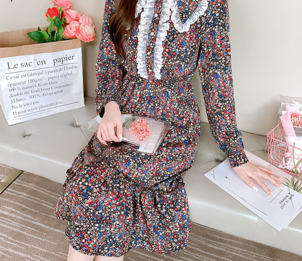 Pitsilise ja lillelise mustriga naiste kleit