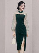 Naiste elegantne tüllvarrukate ja lõhikuga kleit