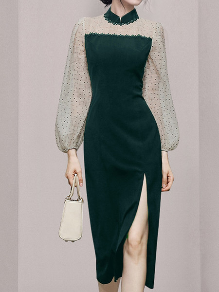 Naiste elegantne tüllvarrukate ja lõhikuga kleit