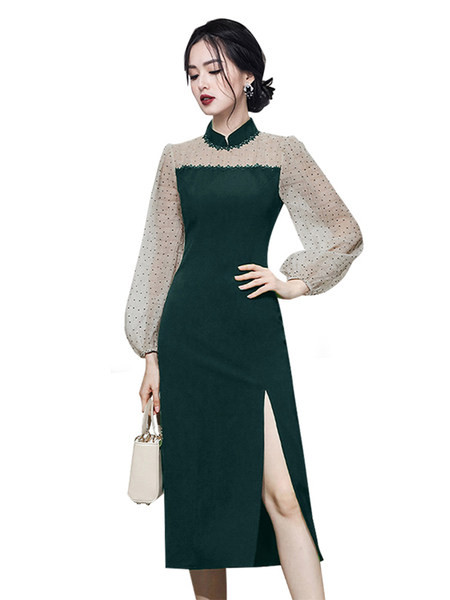 Naiste elegantne tüllvarrukate ja lõhikuga kleit