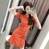 Naiste vabaaja puuvillane kleit lühikeste varrukate ja lipsudega