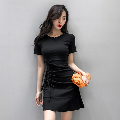 Naiste vabaaja puuvillane kleit lühikeste varrukate ja lipsudega